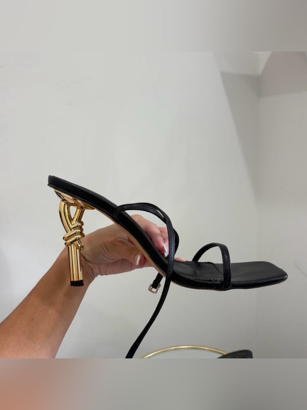Black Strappy Heeled Sandal with Gold Knot Heel